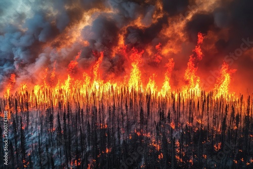 Aerial View of a Forest Fire with Smoke and Flames photo