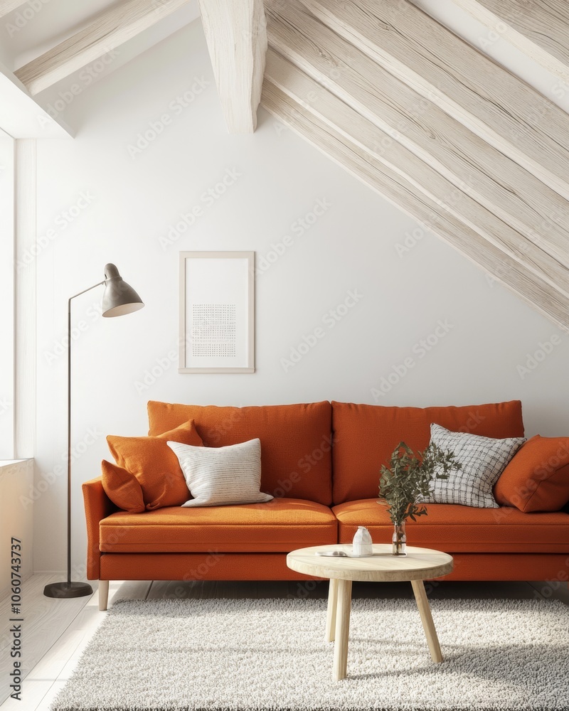 Modern Living Room Interior Design with Wooden Beams and Orange Sofa Modern Living Room Interior Design with Wooden Beams and Orange Sofa