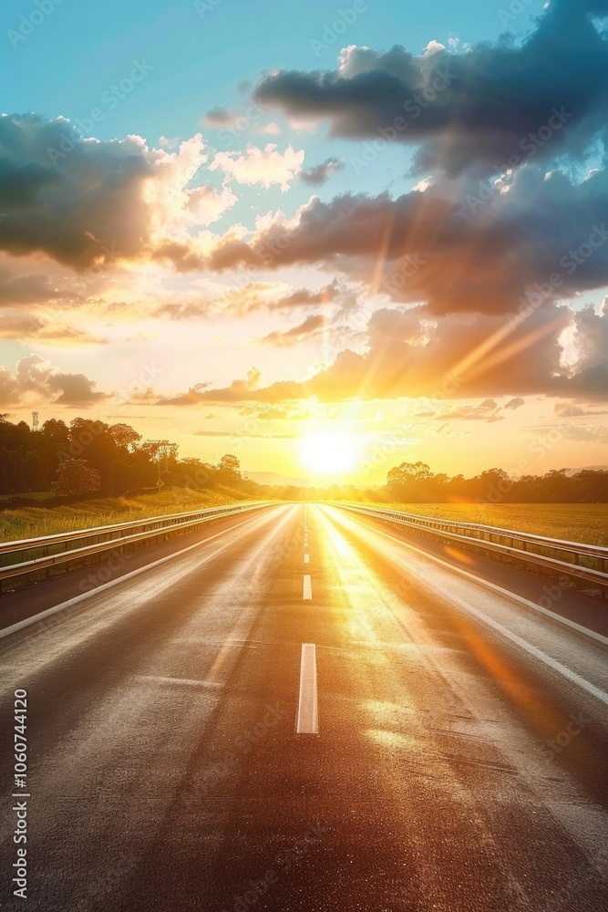 A highway leading to the sunrise. The sky is filled with clouds and the sun casts light rays on the road. A highway leading to the sunrise. The sky is filled with clouds and the sun casts light rays on the road.
