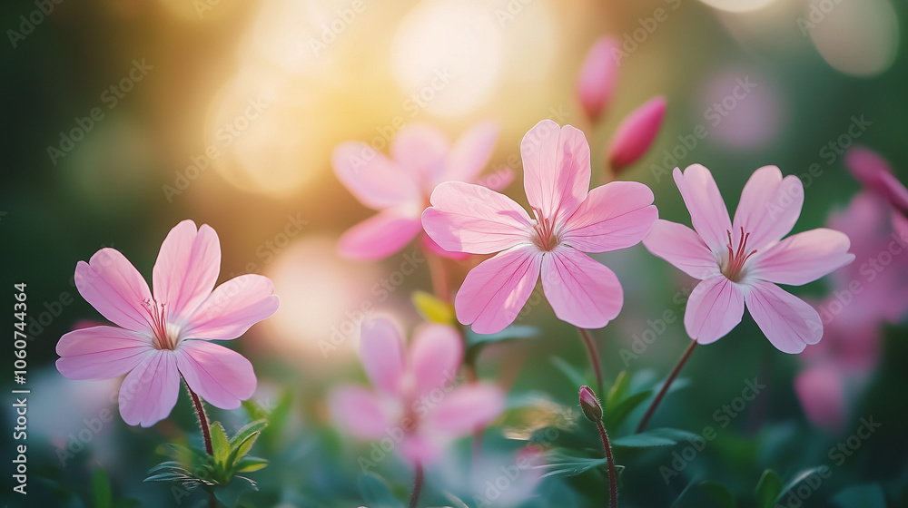 Delicate pink wildflowers glowing in soft sunlight for a serene spring atmosphere