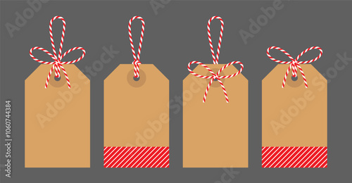 Set Blank Christmas New Year tag with bow and ribbons. Striped kraft paper background, for gift tied up with cotton red rope bakers twine. Packing string for  present, sale. Isolated vector EPS10