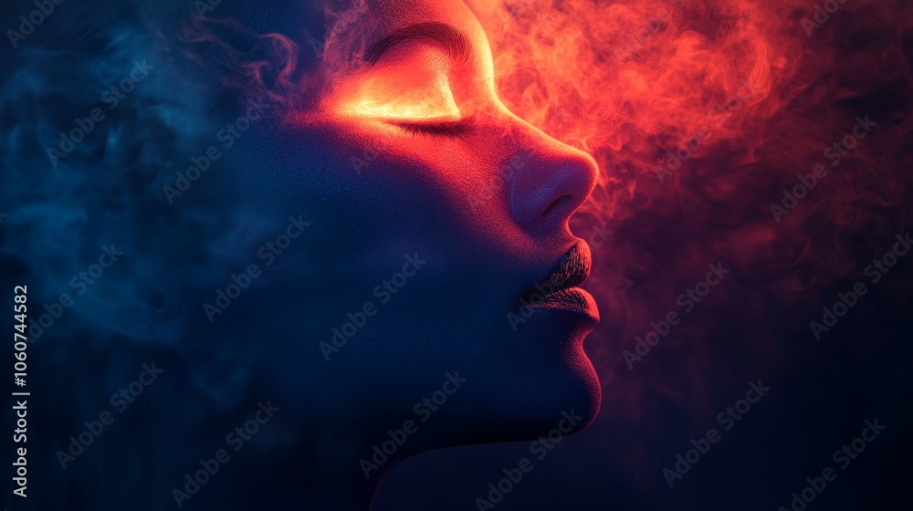 A woman's face is shown with smoke and steam surrounding her A woman's face is shown with smoke and steam surrounding her