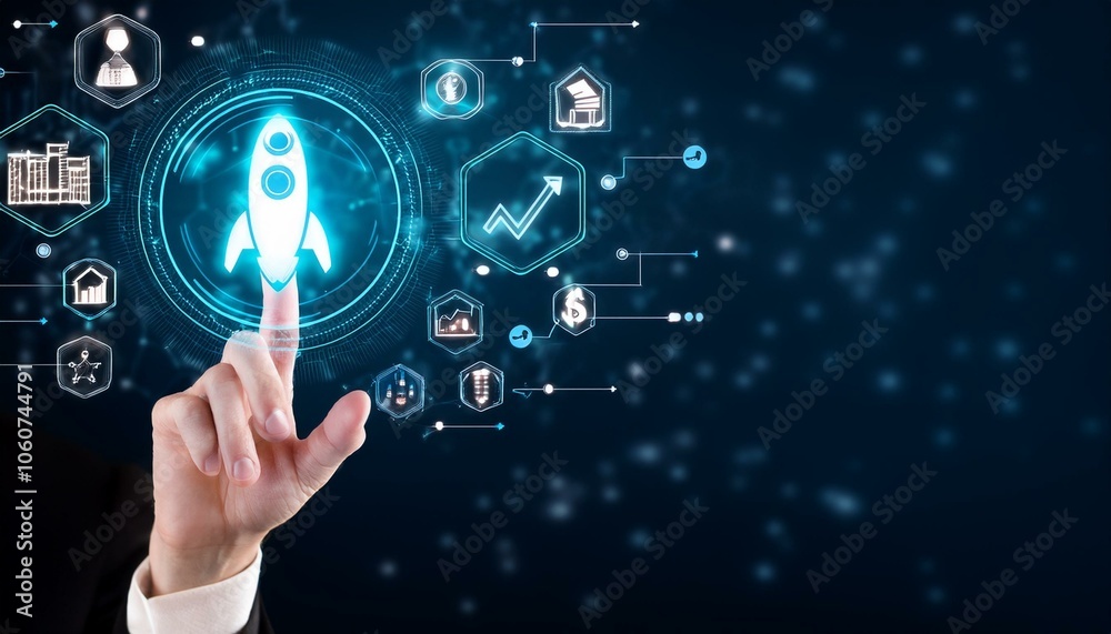 Fototapeta premium Man finger touch glowing startup hologram and business icons. Copy space