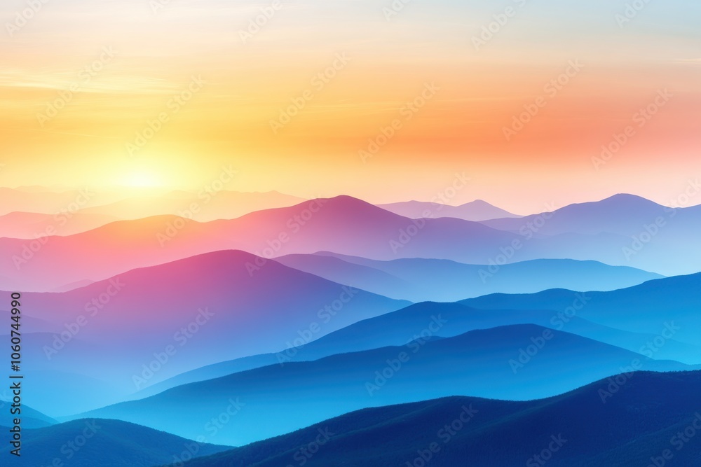 Fototapeta premium Serene Sunrise Casting Golden Light Over Misty Mountains and Lush Green Valleys