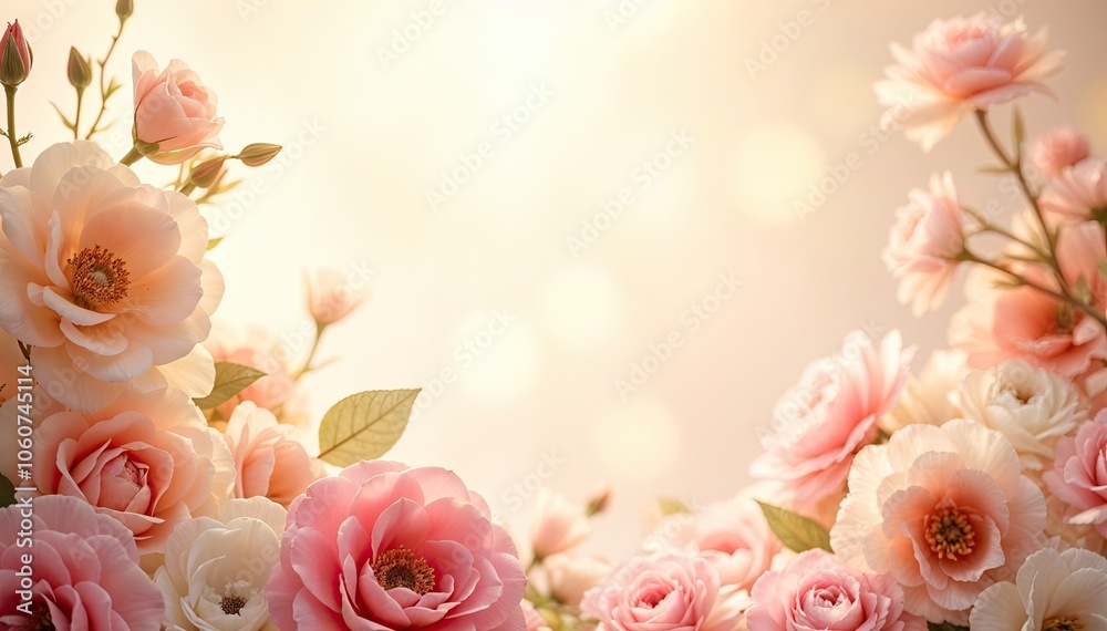 Frame of roses on a delicate blurred background. Floral banner with place for text. Frame of roses on a delicate blurred background. Floral banner with place for text.