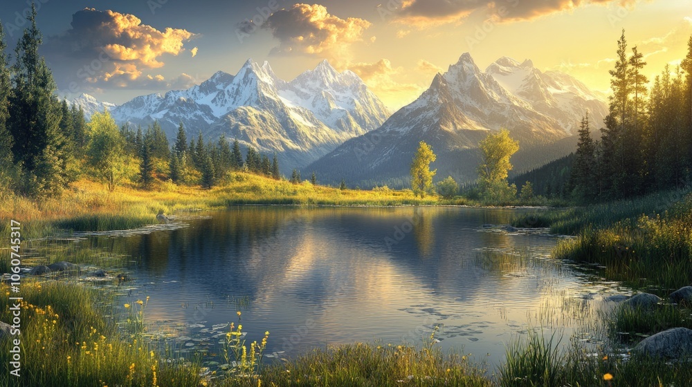 Mountain lake surrounded by trees. Perfect for nature, travel, and landscape designs. Mountain lake surrounded by trees. Perfect for nature, travel, and landscape designs.