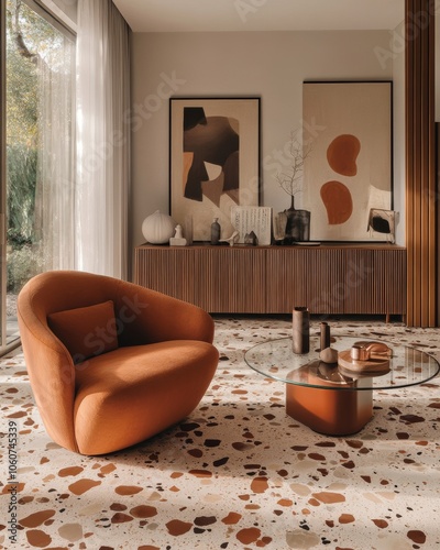 Modern Living Room Interior Design with Terrazzo Floor and Abstract Art