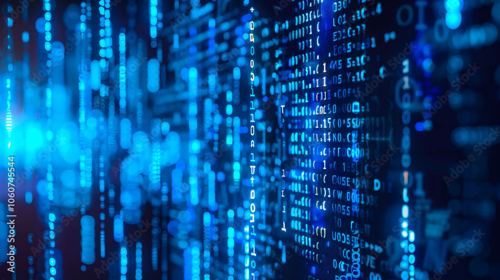Blue digital binary data displayed on a computer screen background, representing technological and digital concepts. Blue digital binary data displayed on a computer screen background, representing technological and digital concepts.