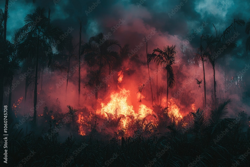 Palm Trees Silhouetted Against a Burning Forest