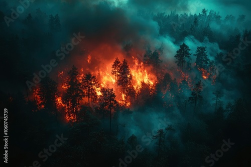 Aerial View of a Forest Fire Burning Through Tall Trees