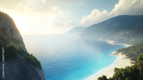 The tranquil beaches and towering cliffs complement each other, and the sun shines on the sea, giving a relaxing natural scene photo