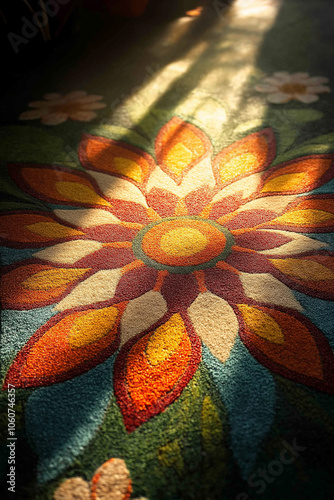 Close-up of a vibrant Pongal rangoli crafted with colorful flower petals and rice flour at a home entrance, with soft sunlight casting gentle shadows over the intricate design photo