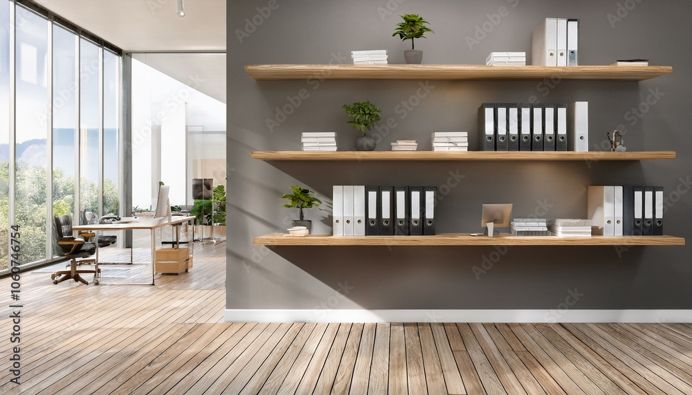 Modern office interior with open space and wooden shelves. 3D Rendering Modern office interior with open space and wooden shelves. 3D Rendering