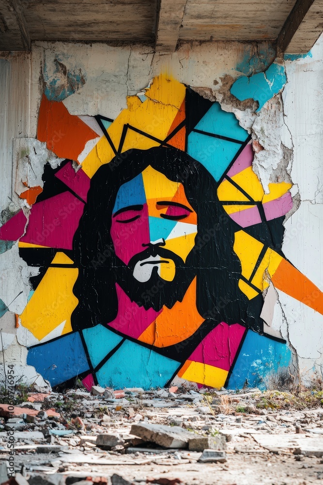Obraz premium Graffiti of the resurrection with Jesus emerging from the tomb in bright abstract colors