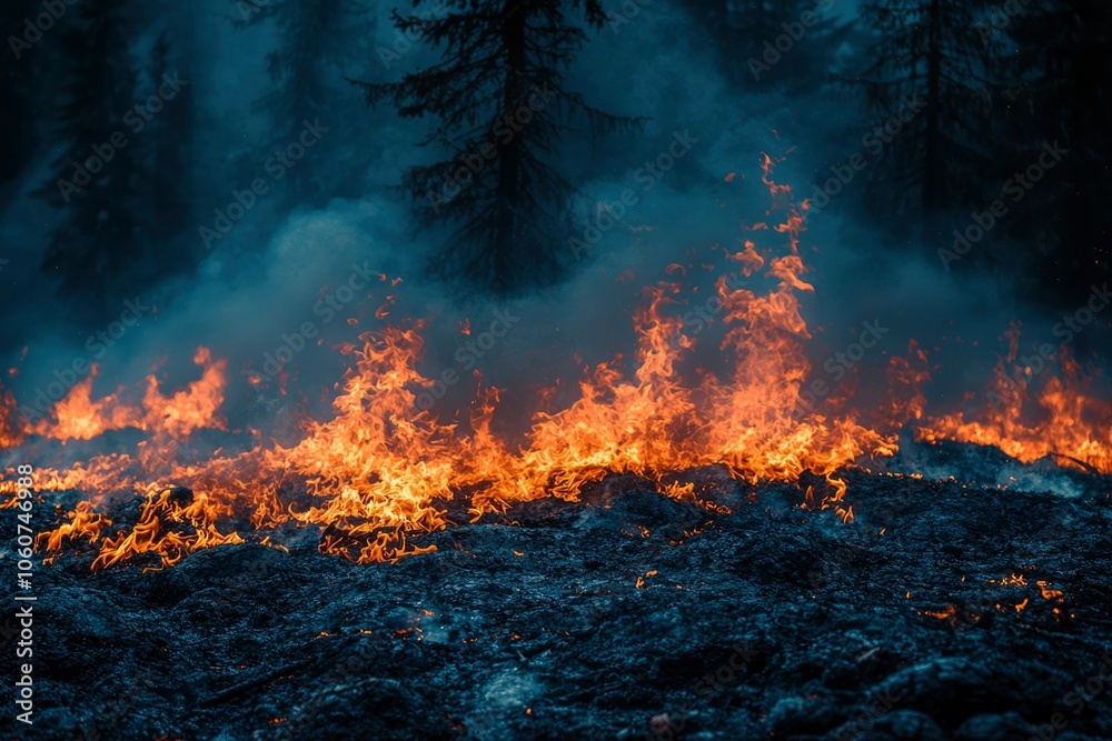 A Forest Fire Burning in the Undergrowth with Smoke and Silhouetted Trees A Forest Fire Burning in the Undergrowth with Smoke and Silhouetted Trees