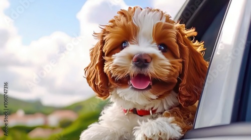 Happy dog looking out of a car window, enjoying a sunny day. photo