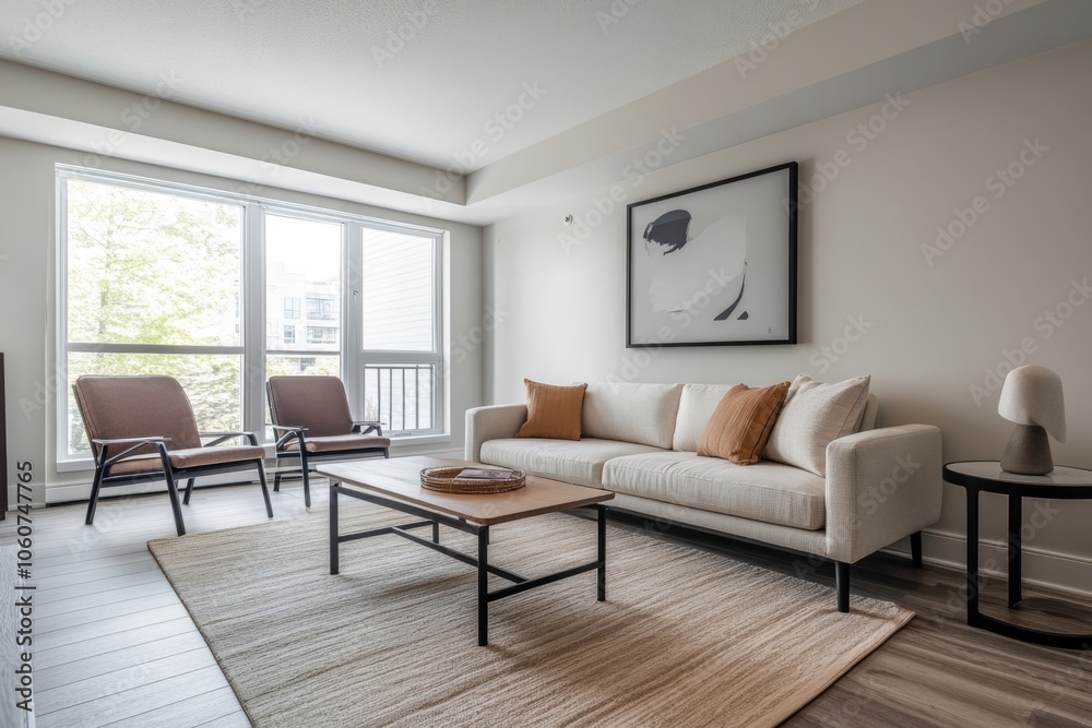 Modern Living Room Interior Design with White Sofa and Large Windows Modern Living Room Interior Design with White Sofa and Large Windows