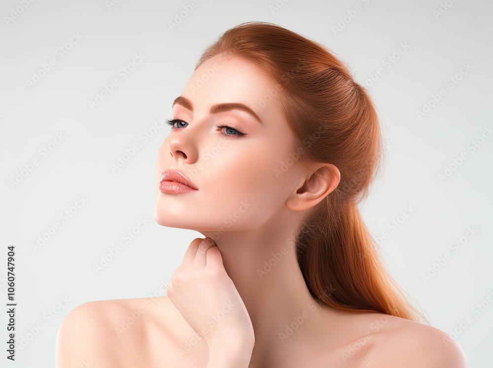 Beautiful woman with clean and healthy skin touching her neck on a white background, a body care concept. Beautiful woman with clean and healthy skin touching her neck on a white background, a body care concept.