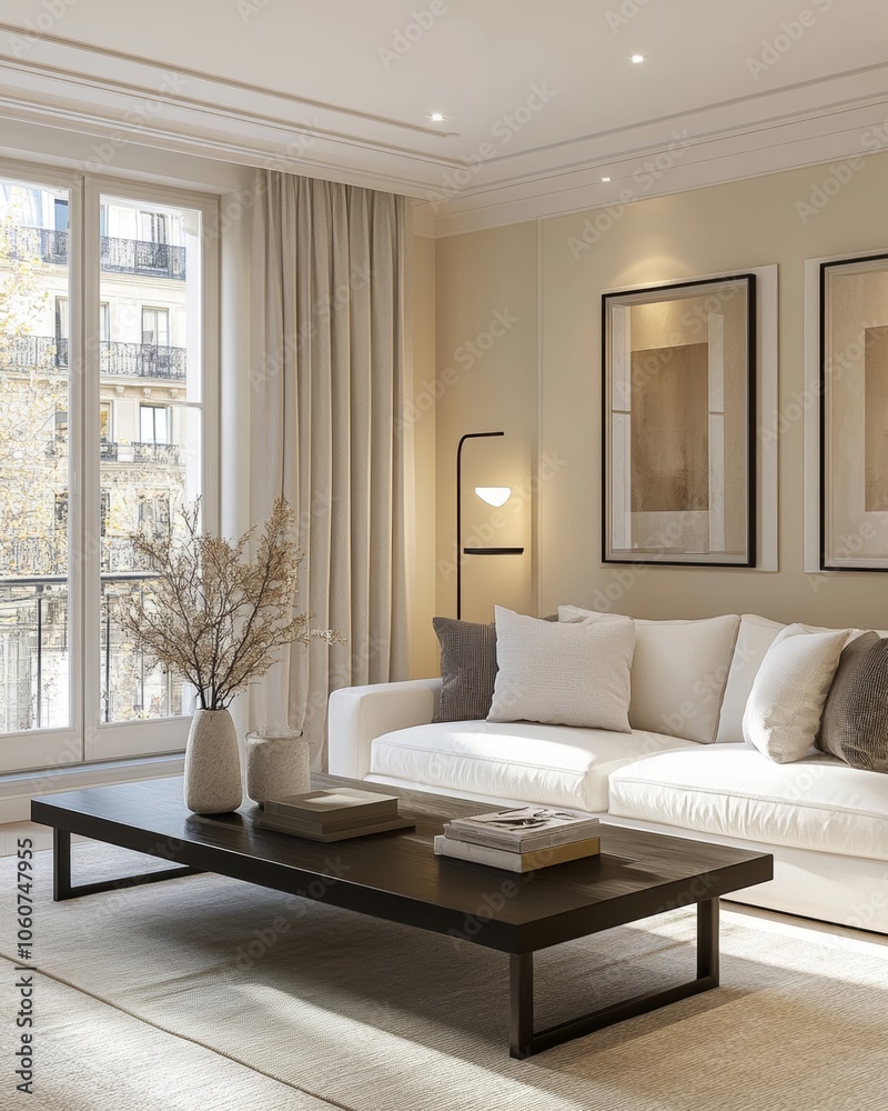 Modern Living Room Interior Design with White Sofa and Wooden Coffee Table