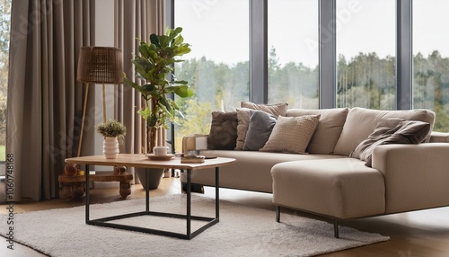 Wallpaper Mural Stylish living room interior with sofa and coffee table, panoramic window Torontodigital.ca