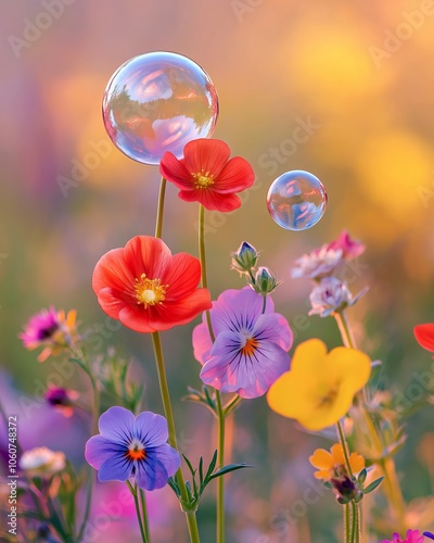 Vibrant blooming flowers in a colorful garden with floating bubbles and blurred natural bokeh background at sunset