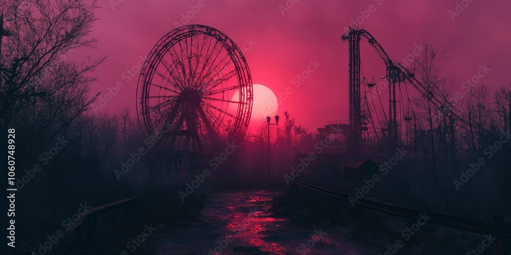Abandoned Amusement Park at Dusk with a Ferris Wheel and Roller Coaster Abandoned Amusement Park at Dusk with a Ferris Wheel and Roller Coaster