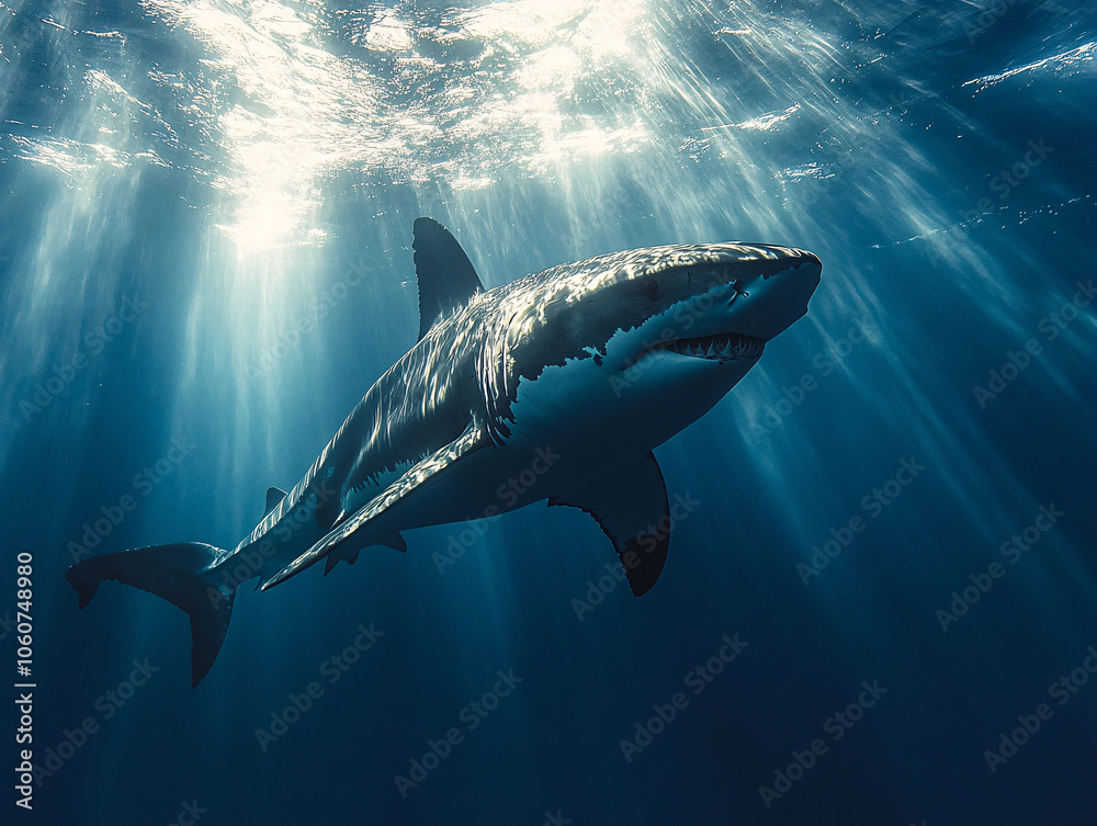 Naklejka premium a large white shark is seen swimming in the ocean. The shark is surrounded by sunlight, which is shining through the water