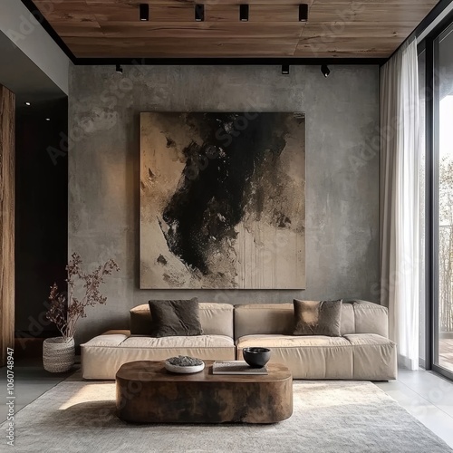 Modern Living Room Interior with Concrete Wall and Abstract Painting