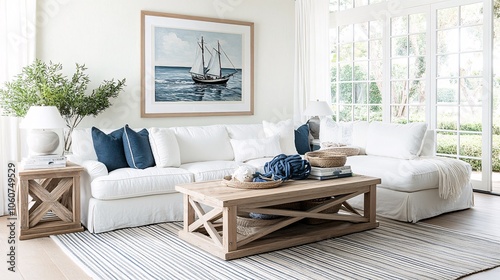 Creating a serene coastal farmhouse living room with white slipcovered sofa and natural elements for relaxed elegance