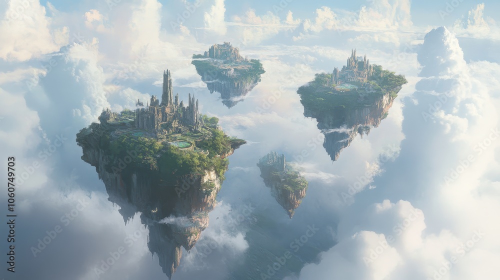 Obraz premium Floating Islands With Ancient City Ruins in a Cloudy Sky