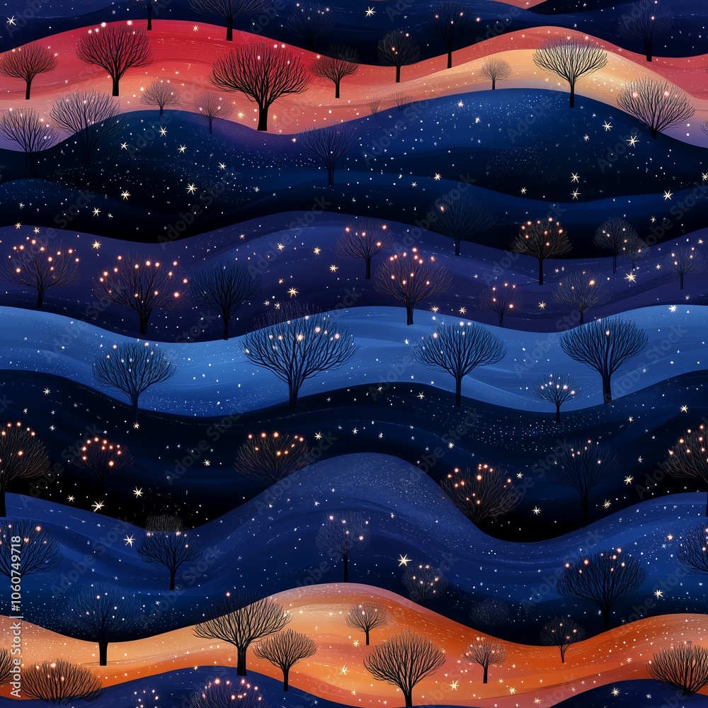 Enchanted landscape with vibrant rolling hills and silhouetted trees under a starry night sky and pastel colors