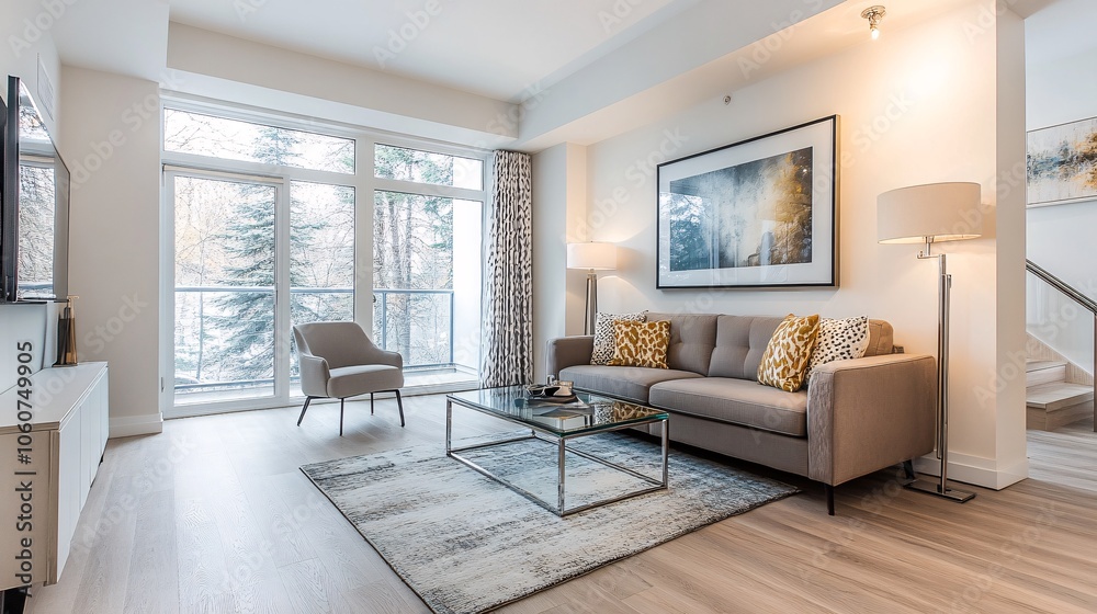 Fototapeta premium Embracing contemporary chic a plush sofa in a modern living room with elegant design elements and natural light