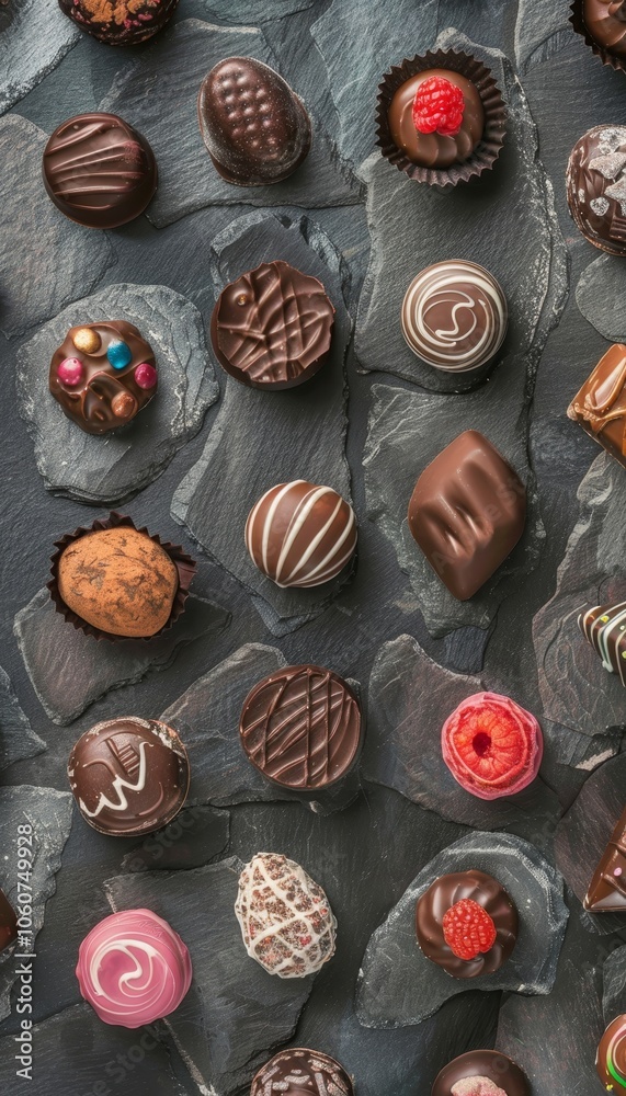 Artistic display of chocolate pralines a top down view showcasing exquisite designs and textures Artistic display of chocolate pralines a top down view showcasing exquisite designs and textures