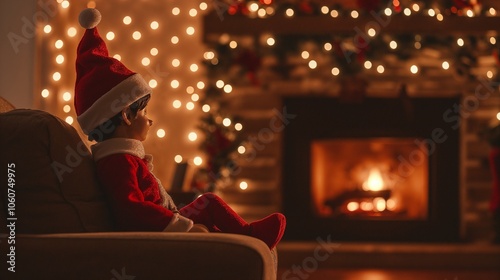 Elf sitting in a chair opposite a glowing fireplace with bokeh lights and festive atmosphere in the background