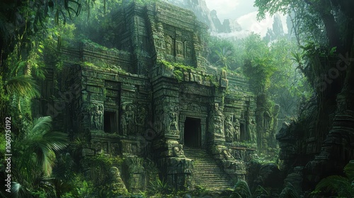 Ancient Stone Temple Overgrown with Lush Tropical Vegetation