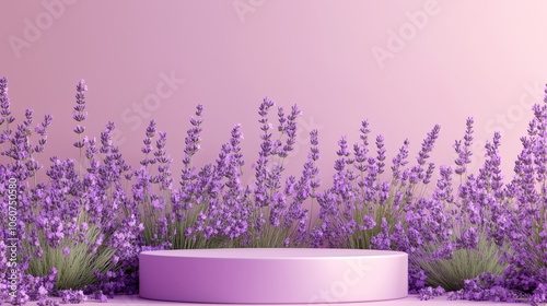 Lavender flowers with a pink podium on a soft pastel background photo