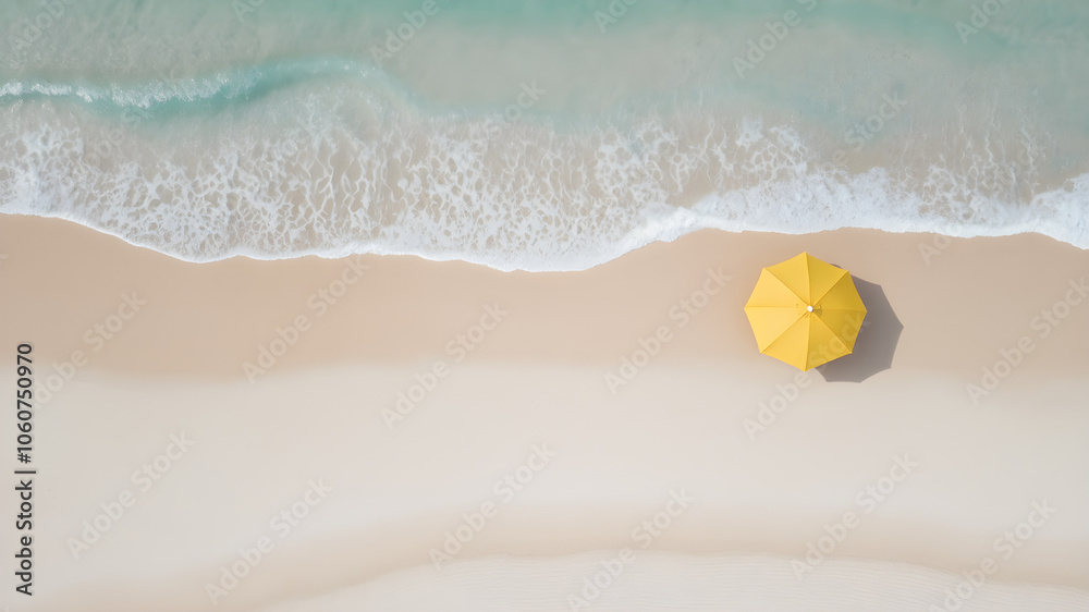 Fototapeta premium yellow umbrella,ocean, wave, water, sea, beach, waves, nature, sand, coast, surf, summer, sky, shore, tide, landscape, power, foam, seascape, crashing, crash, storm, travel