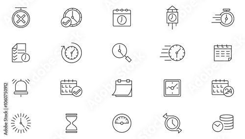 Clock line icon set. Calendar, timer, time, stopwatch, countdown, schedule, hourglass, hours,  arrow, date, event, month, day, agenda, clock line icon set. UI thin line icon pack.