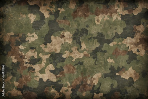Grunge-style green military camouflage pattern, textured for combat clothing and rugged outdoor fashion backgrounds.