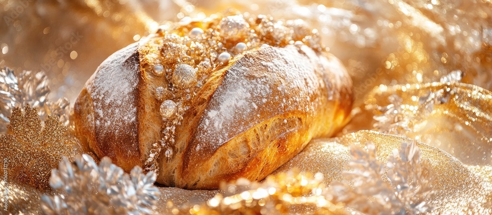 Close-up of a freshly baked loaf of bread adorned with pearl-like decorations. Close-up of a freshly baked loaf of bread adorned with pearl-like decorations.