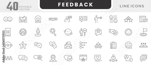 Feedback line icon set.  Survey, checklist, feedback, option, accept, arrow, way, messages, calls, rating, bubbles, review, satisfied, graph, marketing line icon set. UI thin line icon pack.