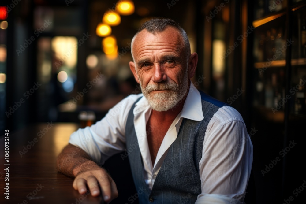 Portrait of a senior man sitting at a bar counter in a pub