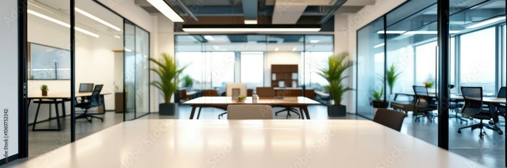 Modern office interior, open plan workspace, glass partitions, wooden desks, ergonomic chairs, natural light, floor-to-ceiling windows, city skyline view, indoor plants, minimalist design, clean aesth Modern office interior, open plan workspace, glass partitions, wooden desks, ergonomic chairs, natural light, floor-to-ceiling windows, city skyline view, indoor plants, minimalist design, clean aesth