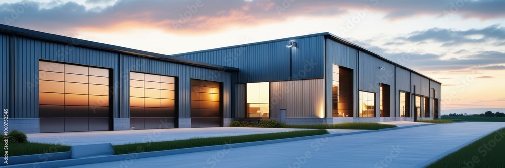 Industrial warehouse, loading docks, sunset sky, modern architecture, metal siding, concrete structure, evening light, logistics center, commercial building, distribution facility, cargo doors, reflec Industrial warehouse, loading docks, sunset sky, modern architecture, metal siding, concrete structure, evening light, logistics center, commercial building, distribution facility, cargo doors, reflec