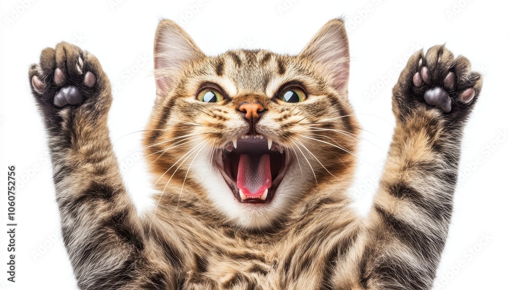 A joyful cat leaps with a hilarious expression, showcasing its playful antics indoors A joyful cat leaps with a hilarious expression, showcasing its playful antics indoors