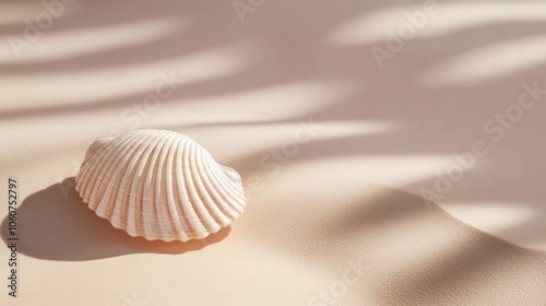 Delicate Seashell on Sandy Beach with Soft Shadow Isolated Background