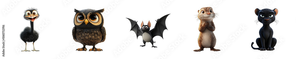Naklejka premium Collection set of animals Ostrich Owl Bat Otter Panther isolated on transparent background 3D style