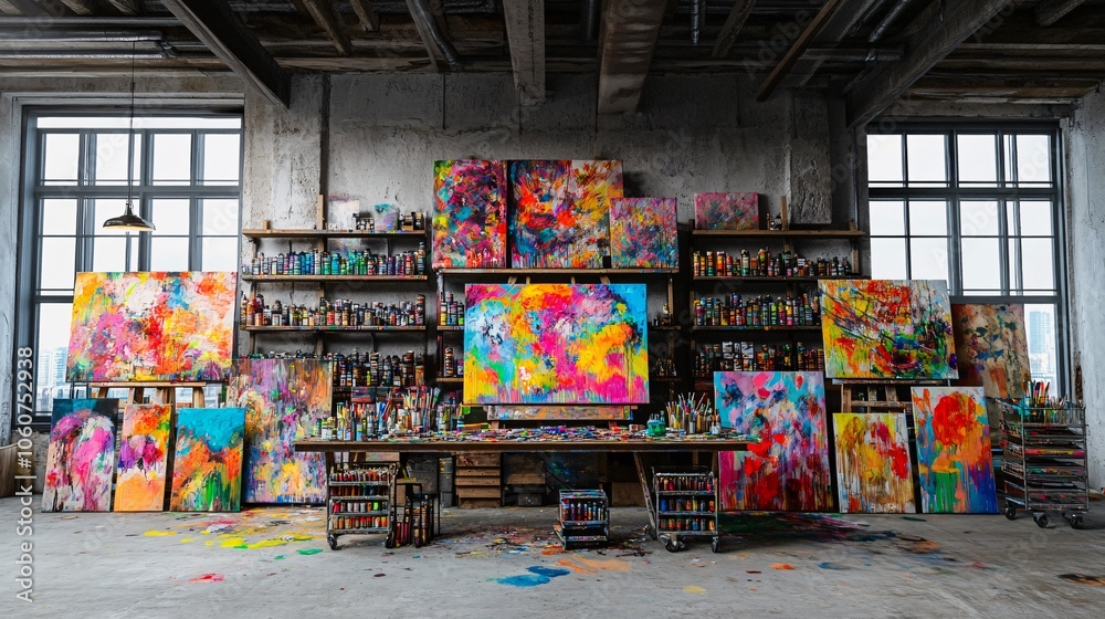 Naklejka premium Art studio transforms industrial garage into vibrant creative space with large workbench for artistic expression and masterpieces