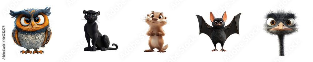 Fototapeta premium Collection set of animals Owl Panther Otter Bat Ostrich isolated on transparent background 3D style