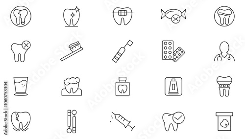 Dentistry line icon set. Tooth, dentist, toothpaste, toothbrush, teeth, implant, cavity, hygiene, health, sign, braces and inserts line icon set. UI thin line icon pack.
